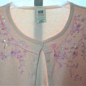 Pink Beaded Sweater Button Up 3/4 Sleeve